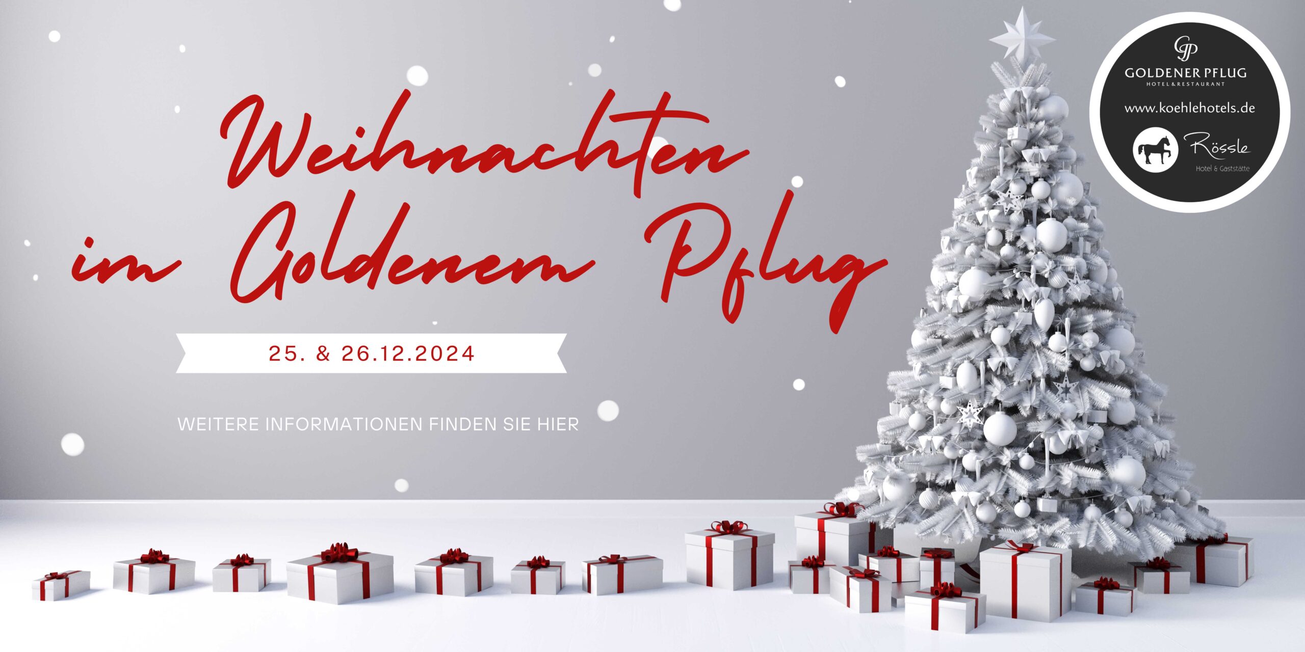 Weihnachtsbaum und Geschenke, Werbung für Weihnachtsevent.